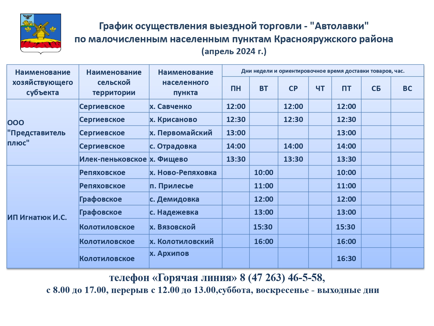 График осуществления выездной торговли -&quot; Автолавки&quot; по малочисленным населенным пунктам Краснояружского района.