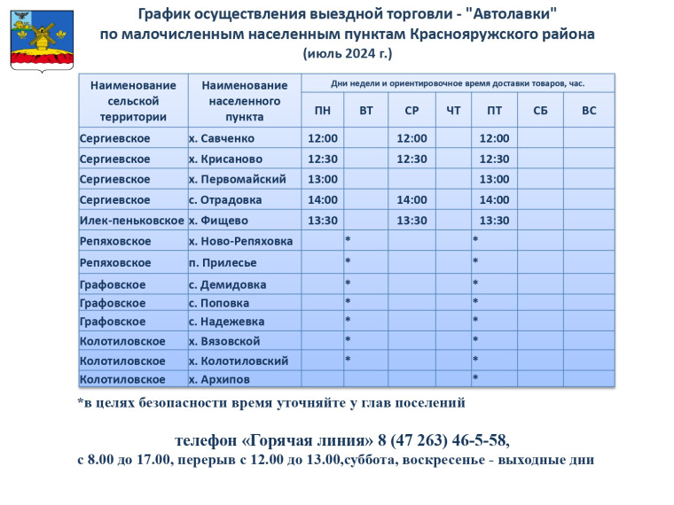 График осуществления выездной торговли - "Автолавки" по малочисленным населенным пунктам Краснояружского района (июль 2024 г.). График осуществления выездной торговли - "Автолавки" по малочисленным населенным пунктам Краснояружского района (июль 2024 г.).